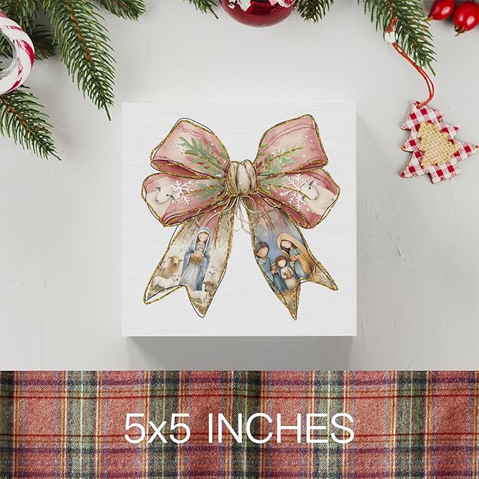 Pink Jesus Christmas Coquette Bow Decor, Pink Christmas Decorations Home Office Decor for Table Shelf 5 x 5 inch