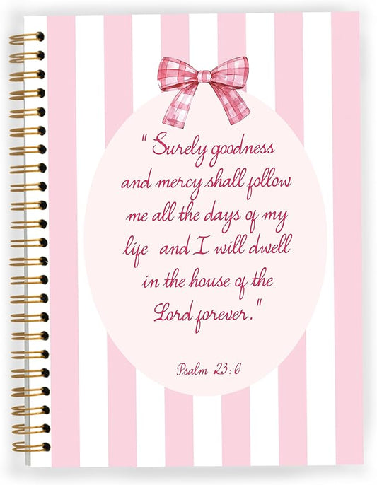 Christian Notebook, Coquette Pink Bow Bible Verse Spiral Notebook 5.5x8.3, Preppy Aesthetic Journal for Women, Pink Striped Office Supplies, Bible Journaling Spiral Journal
