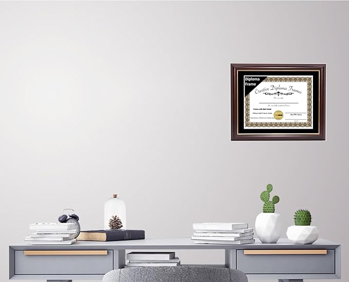 Creative Picture Frames 8x12 Mahogany Gold Rim Diploma Frame with Black Mat Glass Easel and Installed Wall Hangers | Frame Holds 11x14 Media without Mat