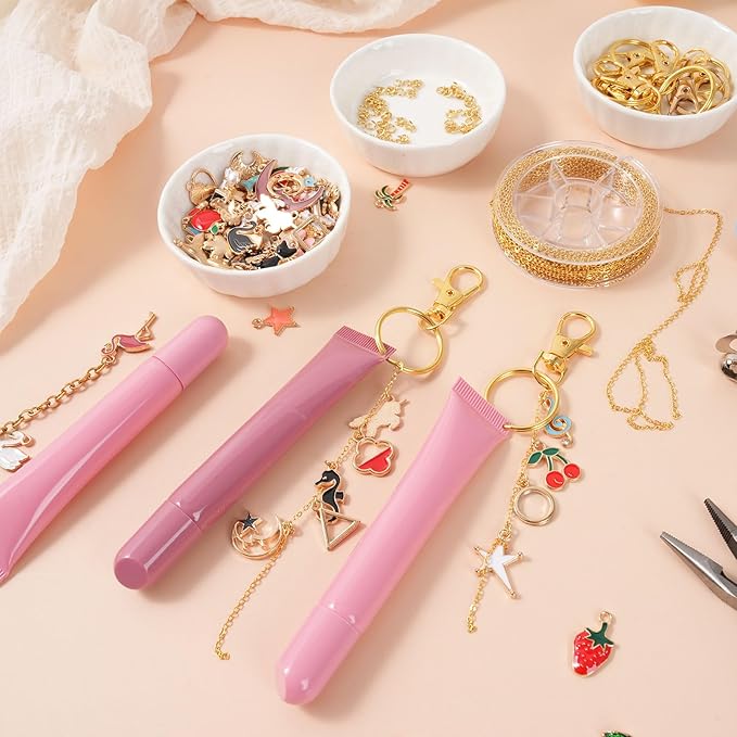 Sileasncei 358Pcs Charms Lip Gloss Keychain Making Kit, DIY Bag Charm Kit with Enamel Charms, Chains, Jewelry Pliers, Hole Punch & Gift Bags, Keychain Making Supplies for Custom Keychains Gifts