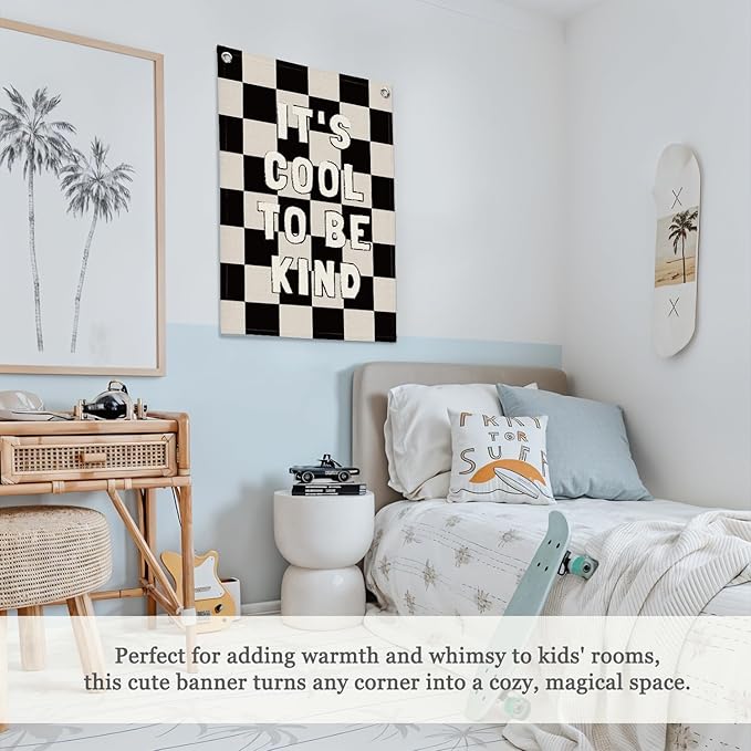 Kids Room Decor,Black and White Classroom Checkered Decor,Be Kind Inspirational Office Decor,Linen Canvas Wall Hanging Flag for Nursery Playroom Classroom 18x25 Inch