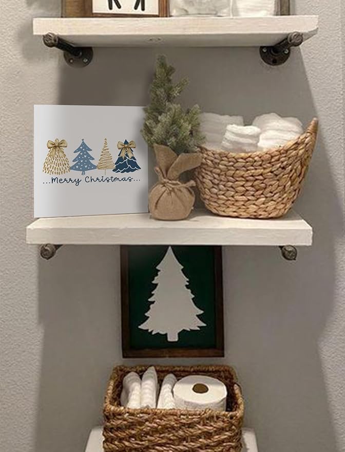 Coquette Navy Blue and Gold Christmas Tree Wooden Box Sign, Christmas Desk Decor, Preppy Girly Xmas Tree Winter Wood Signs for Home Office Desk Shelf Tabletop Decor, 5x5 Inch Decorative Signage