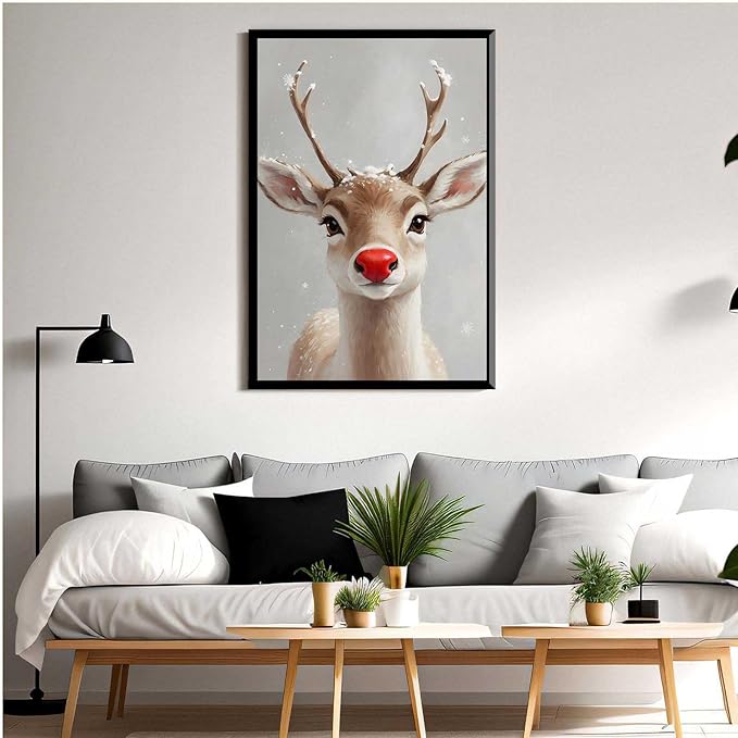 Framed Canvas Wall Art Red Nosed Reindeer Christmas Farmhouse Mantle Canvas Wall Art Print Farmhouse Christmas Poster 16x24in Metal blackFramed
