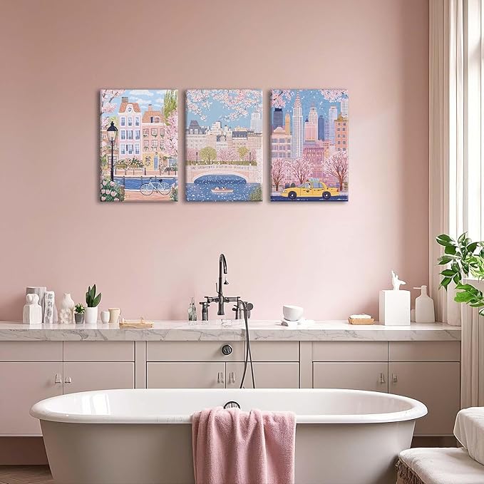 XLARTMY Watercolor City Landscape Travel Wall Art Canvas Framed Pink Cherry Flower Poster Girly Prints Painting Pictures Set of 3 for Bedroom Living Room Office 16x24in
