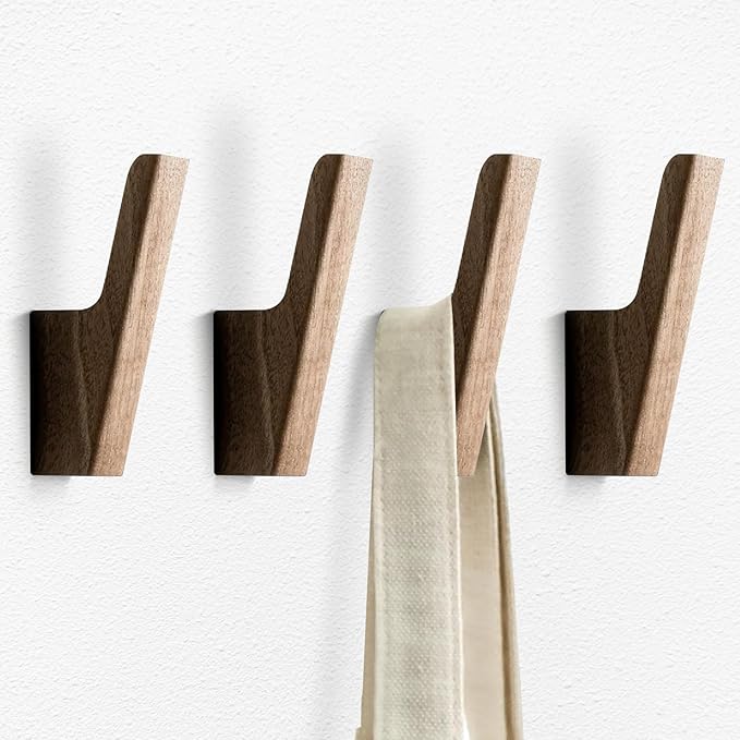 4Pcs Wooden Hooks for Hanging - Dark Walnut Coat Style, Cute & Funky Practical Design, Decorative Boho Towel Hooks, Suitable for Entryway, Bathroom, Kitchen, Holds Hats, Backpacks, Jackets
