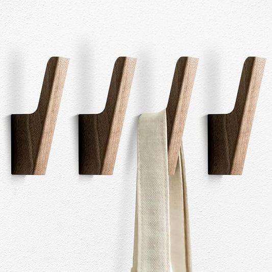 4Pcs Wooden Hooks for Hanging - Dark Walnut Coat Style, Cute & Funky Practical Design, Decorative Boho Towel Hooks, Suitable for Entryway, Bathroom, Kitchen, Holds Hats, Backpacks, Jackets