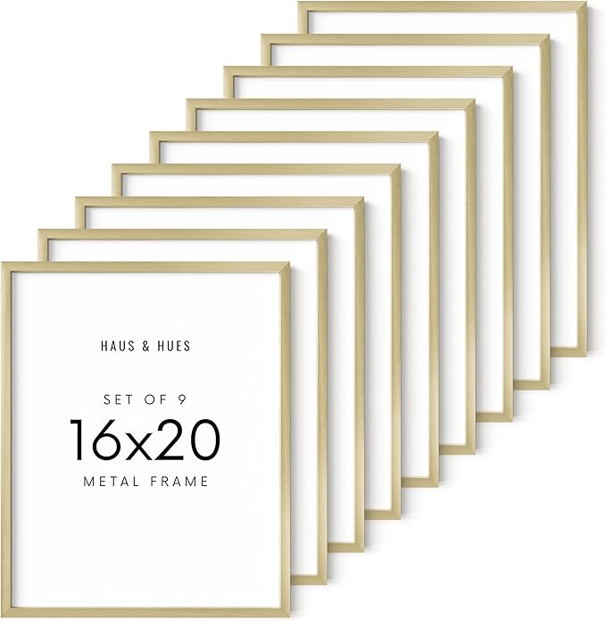 HAUS AND HUES 16x20 Gold Metal Picture Frames - Premium Aluminum with Vertical & Horizontal Hanging, Shatterproof Plexiglass - Ideal for Home, Office (16x20 in, Gold, Set of 9)