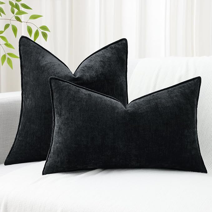 decorUhome Spring Couch Euro Sham Throw Pillow Covers 22x22 Set of 2, Decorative Soft Velvet Neutral Chenille Pillow Covers with Elegant Design for Sofa Bed Living Room Home Decor, Black
