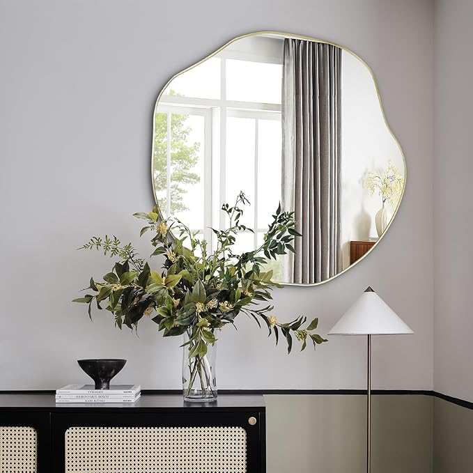 POZINO Gold Irregular Mirror, Large Asymmetrical Wall Mirror, 30" Scalloped Rounded Mirrors, Modern Frameless Abstract Mirrors for Living Room Bedroom Bathroom Entryway Hallway Fireplace