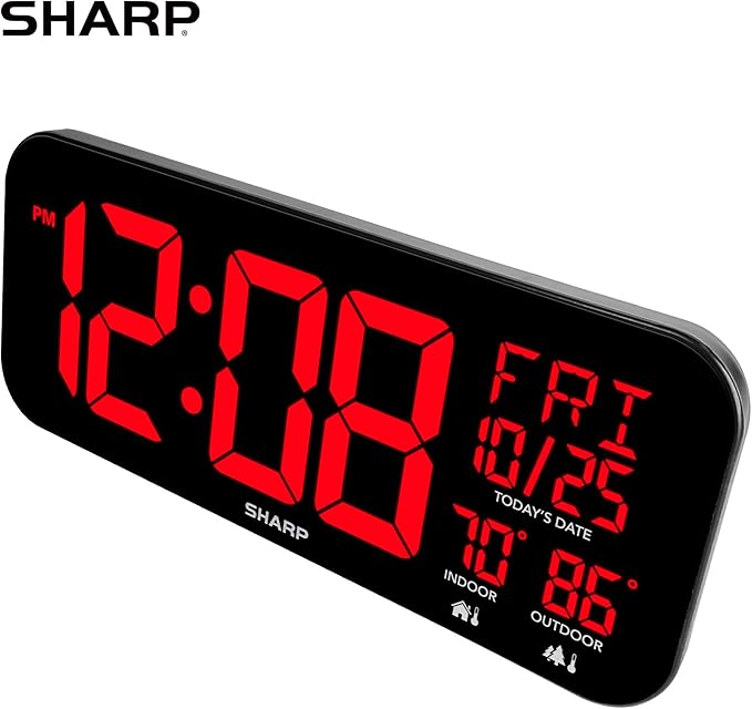 Sharp Large Oversized Screen LED Clock with Outdoor/Indoor Temperature with Outdoor Sensor, with Date and Day of Week – 14 inch Clock with 4 inch Digits
