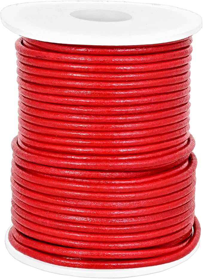GENIQUE Real/Genuine Round Leather String Cord for Necklace, Bracelets, Jewelry, Kumihimo Braiding, DIY Projects (20 Metres) (2mm, Red)