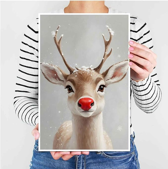 Canvas Wall Art Red Nosed Reindeer Christmas Farmhouse Mantle Canvas Wall Art Print Farmhouse Christmas Poster 24x36in-UnFramed