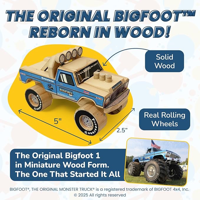 DIY Bigfoot 1 Monster Truck Wooden Kit w/Stickers (Small 5")- Officially Licensed Kids Building Kit - Wood Building Kits for Kids & Stem Toys for Ages 5-8 Years - Arts & Crafts Kits for Children