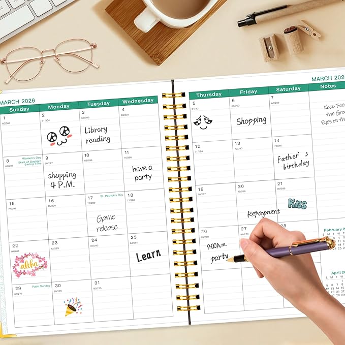 GuassLee Large Planner 2026, Weekly and Monthly Planner from January 2026-December 2026, 8.8"x11.4" Aesthetic Agenda Book with Back Pocket, Stickers, Coated Tabs, A4 Size