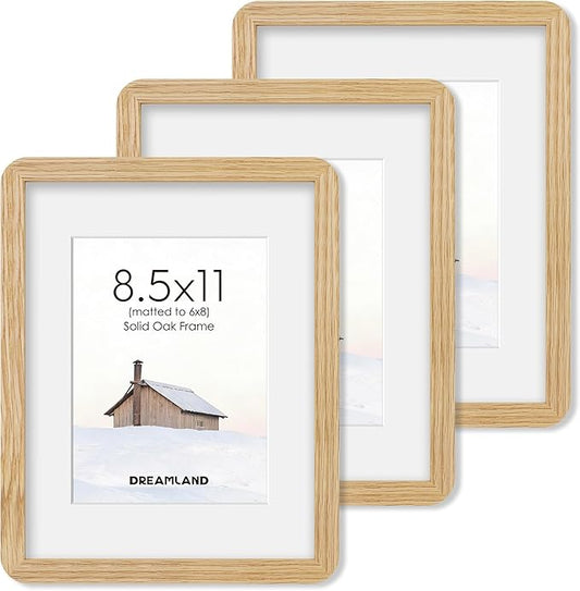 Dreamland 8.5x11 Picture Frame Set of 3, Solid Oak Wood Photo Frame with Mat for 6x8, Round Corner 8.5 x 11 Matted Picture Frames with Resistant Plexiglass for Wall Mounting or Tabletop, Oak Color