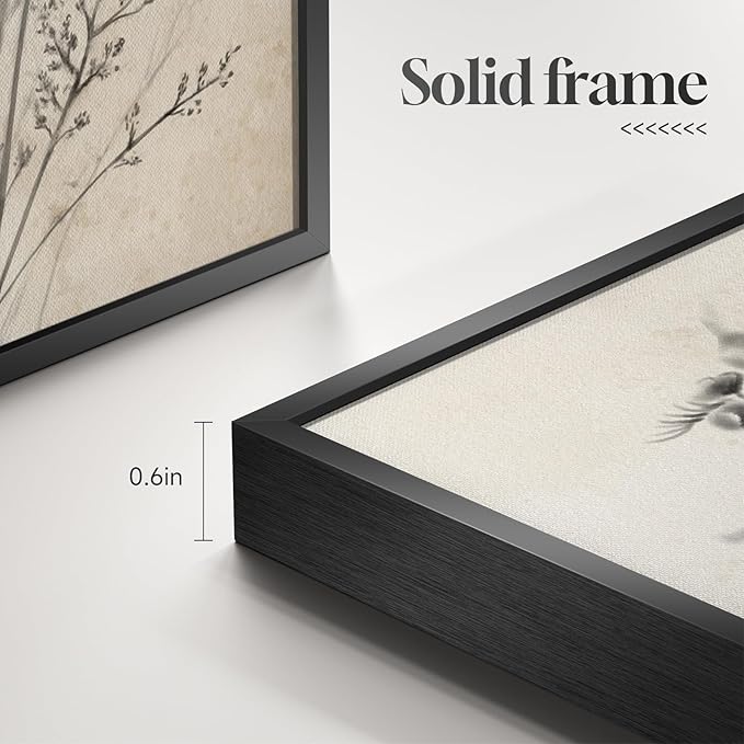 Framed Boho Vintage Botanical Wall Art, 4 Piece Neutral Rustic Floral Canvas Painting Prints for Modern Farmhouse, Black and White Flower Pictures for Living Room Bedroom Dining Room Wall Decor, 11x14