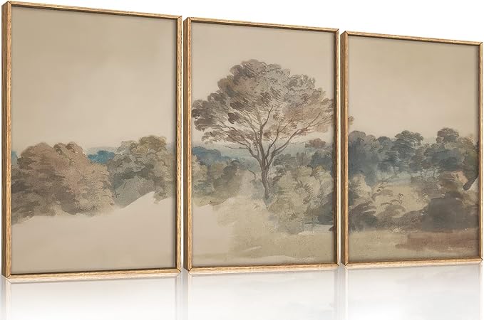 Vintage Forest Scenery Framed Canvas Wall Art Set,Beige Tree Landscape Wall Decor,Neutral Woodland Art Prints,Natural Botanical Artwork for Living Room, Bedroom,Farmhouse-16 x24 x3