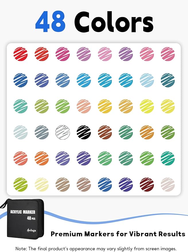 48 Colors Acrylic Paint Markers, Dual Tip Acrylic Paint Pens with Brush Tip and Fine Tip for for Adults, Kids, Eggs, Wood, Rock, Canvas, Plastic, Stone, Glass, Ceramic