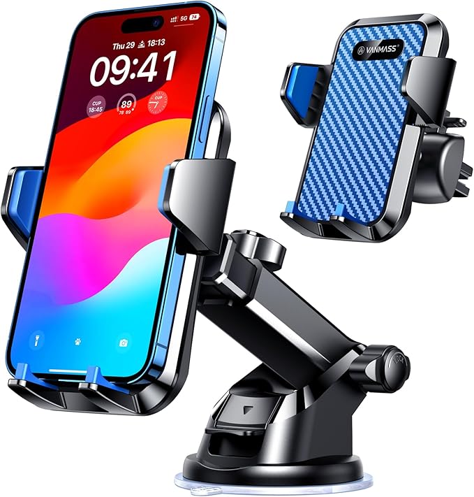 VANMASS 【85+LBS Strongest Suction & Military-Grade 2025 Ultimate Car Phone Mount【Patent Safety Certs】 Cell Phone Holder Truck Stand Dashboard Windshield Vent for iPhone 16 15 Pro Max 14 Samsung, Blue
