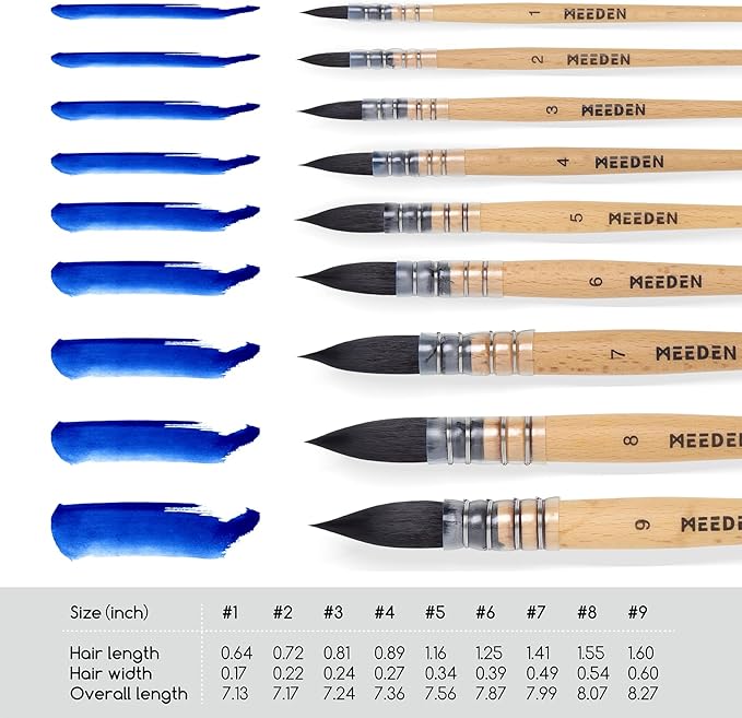 MEEDEN Watercolor Brushes Professional - 9 Pack Synthetic Squirrel Hair Artist Paint Brushes Set with Beech Wood Handle Great for Artists Hobbyists