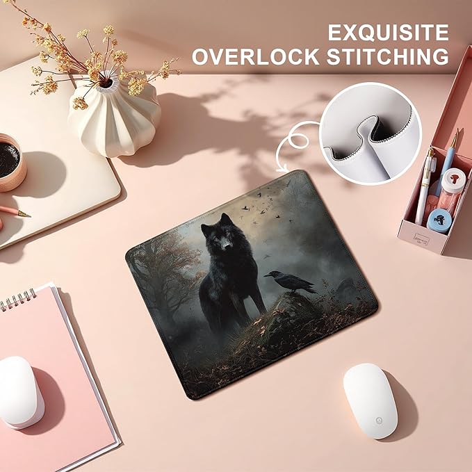Moody Forest Wolf Raven Mouse Pad, Dark Contemporary Botanical Wolf Crow Bird Mousepad for Desk Home Office Dorm Computers Laptop, Gothic Office Supplies Desk Accessories, 9.5x7.9 Inch