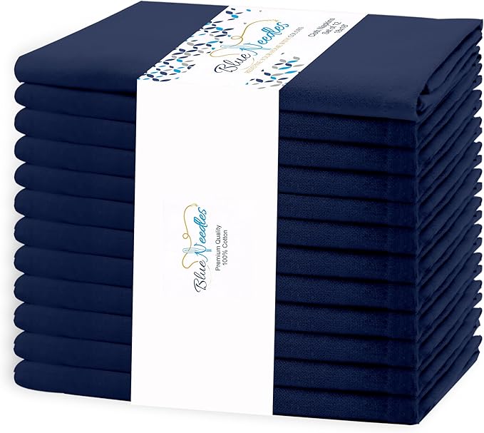 Blue Needles Solid Cloth Napkins Set of 12 Navy Blue 100% Cotton Dinner Napkins 18x18 inches - Soft, Reusable, Absorbent & Washable Linen, Ideal for Christmas Events, Parties & Everyday Use