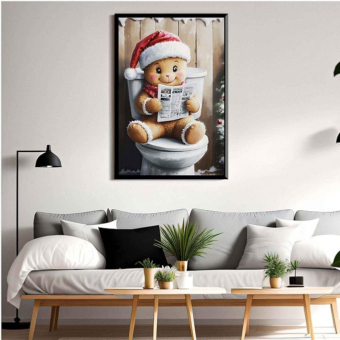 Framed Canvas Wall Art Gingerbread on the Toilet Funny Christmas Poster Bathroom Wall Art Toilet Trendy Christmas Decor 8x12in Metal blackFramed