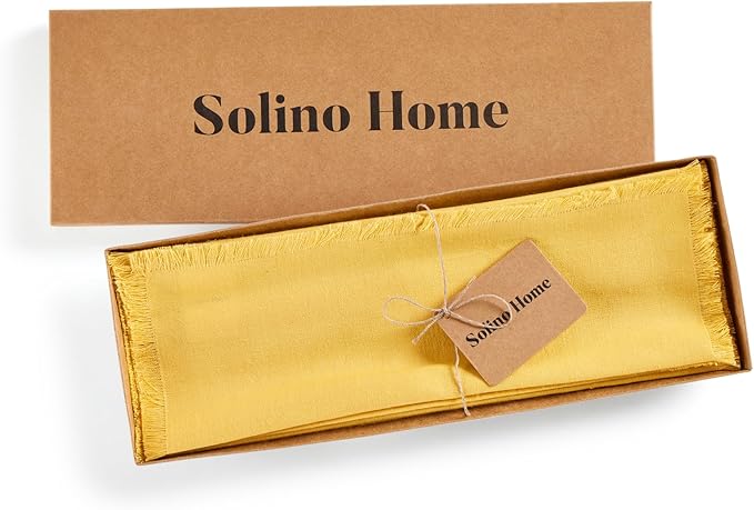 Solino Home Fringe Linen Placemats Set of 4 - Marigold Yellow Placemats 14 x 19 Inch - 100% Pure Linen Table Mats for Spring, Easter