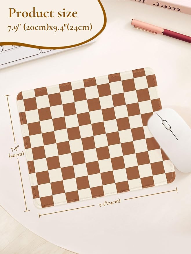 Cute Brown Mouse Pad,Retro Checkered Pattern Mousepad,Square Aesthetic Plaid Waterproof Grid Mouse Mat Design, Non-Slip Rubber Base Computer Funny Boho Small Mouse Pads, Desk Accessories