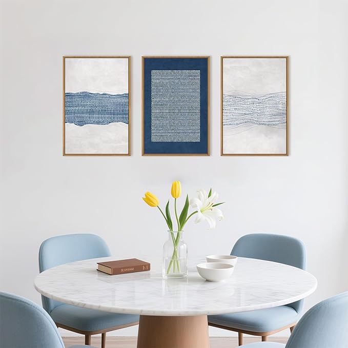 Large Abstract Navy Blue and White Framed Canvas Wall Art,Minimalist Boho Waves Lines Wall Decor,Modern Mid Century Artwork,Neutral Geometric Art Print for Living Room,Bedroom,Office- 24"x36"x3