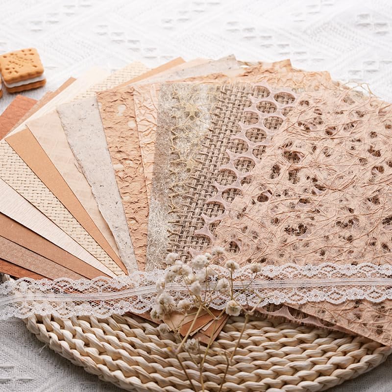 15Pcs Handmade Scrapbook Art Paper Craft Textured Paper Colorful A5 sheet Mesh Special Mix for Scrapbooking Junk Journal Journaling Supplies DIY Materials,5.8x8.2 inches (Brown) - Image 3