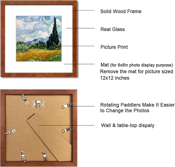 12x12 Picture Frame Set of 4 Made of Solid Wood Photo Frame with Real Glass for Pictures 8x8 with Mat or 12x12 without Mat, Wall Gallery or Tabletop display Frames, Brown