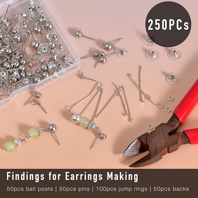 250Pcs No Tarnish Ball Stud for Earring Making, stino Hypoallergenic Stainless Steel Earring Posts, Jewelry Findings Supplies, Silver & Gold Plated (Silver)