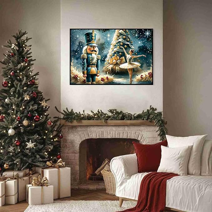 Christmas Wall Art Holiday Decor Nutcracker and Ballerina Winter Scene Poster Modern Farmhouse Poster Vintage Oil Painting Print Indoor Decor for Home Bedroom Christmas Holiday Framed Ready to Hang