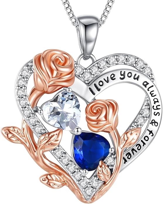 I Love You Birthstone Necklace, 925 Sterling Silver Heart Pendant with CZ Diamond Stones, Birthday Gifts for Women, Romantic Gift for Wife, Girlfriend, Her, Anniversary, Valentine's Day, Christmas