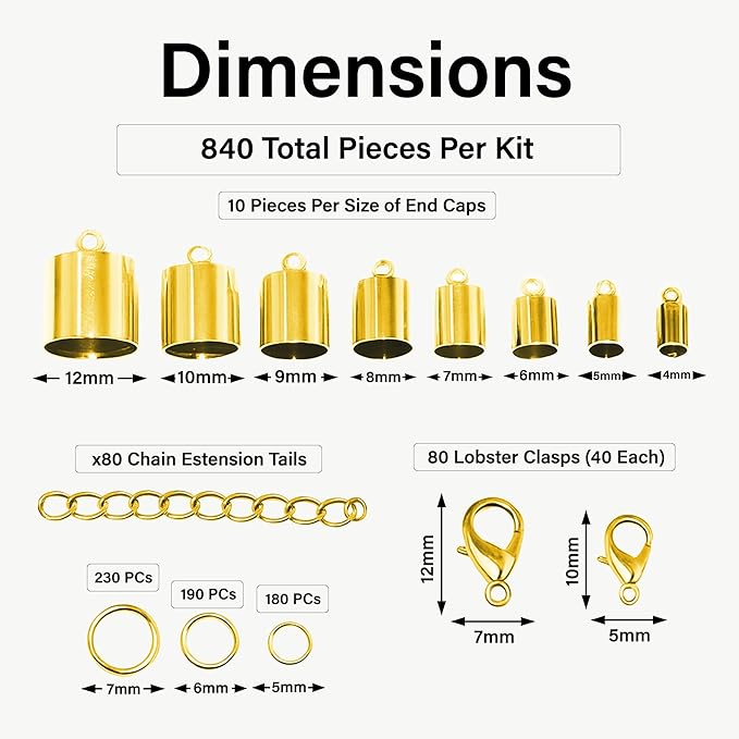 Mandala Crafts Gold Tone Leather Cord End Caps for Jewelry Making, Tassel Caps, Assorted Sizes 840 PCs Cylinder Cord Ends, Kumihimo Supplies and Jewelry Findings