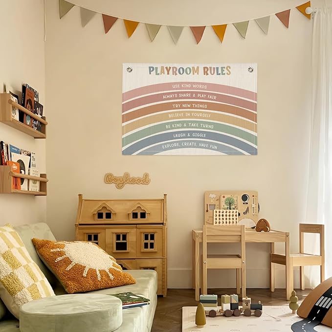 Playroom Rules Banner, Boho Rainbow Linen Canvas Banner Wall Hanging Flag Decor for Nursery Classroom Kids Room 30x20 Inch