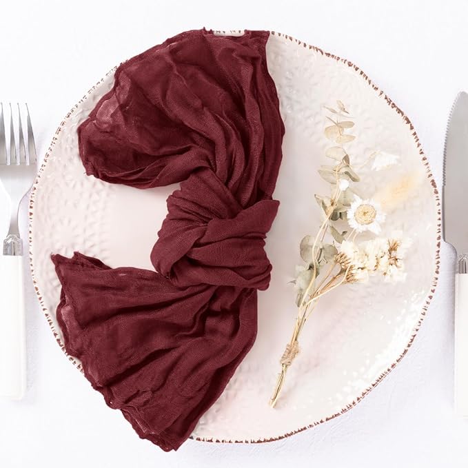 12 Pack Burgundy Red Cheesecloth Napkins Spring Cloth Napkins Set of 12 Burgundy Dinner Napkins Bulk 21x21 Inches for Wedding Bridal Shower Baby Shower Valentine's Day
