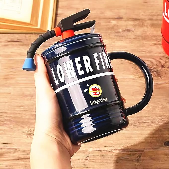 Coffee Mug Cups Ceramic Tea Cup Fire Extinguisher Shaped Handmade Cute Mugs With Lid Spoon Handle Office Home Hot Ice Chocolate Milk Mugs Gifts Microwave Dishwasher Safe Travel Mugs (Blue)