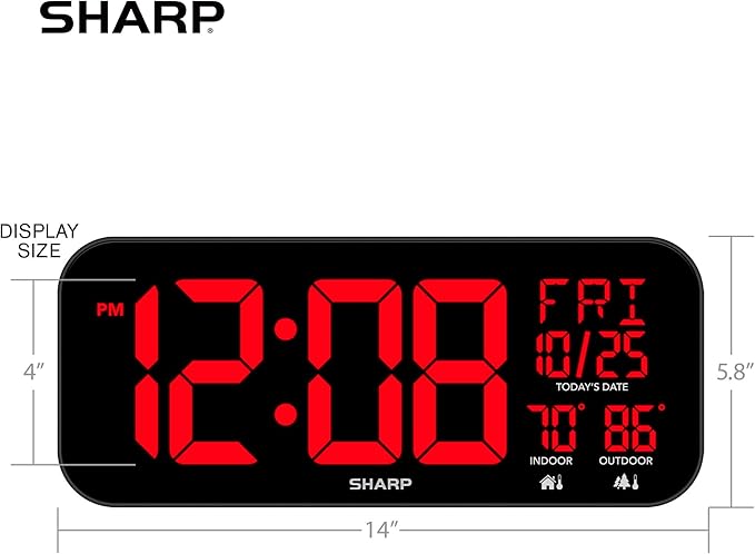 Sharp Large Oversized Screen LED Clock with Outdoor/Indoor Temperature with Outdoor Sensor, with Date and Day of Week – 14 inch Clock with 4 inch Digits