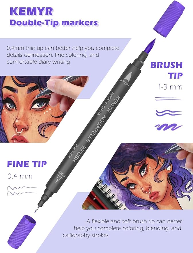 Markers for Adult Coloring Books: 60 Color Dual Tip Fine & Brush Pens - Water-Based Coloring Marker for Adults Drawing Sketching Bullet Journal Writing Lettering No bleeding