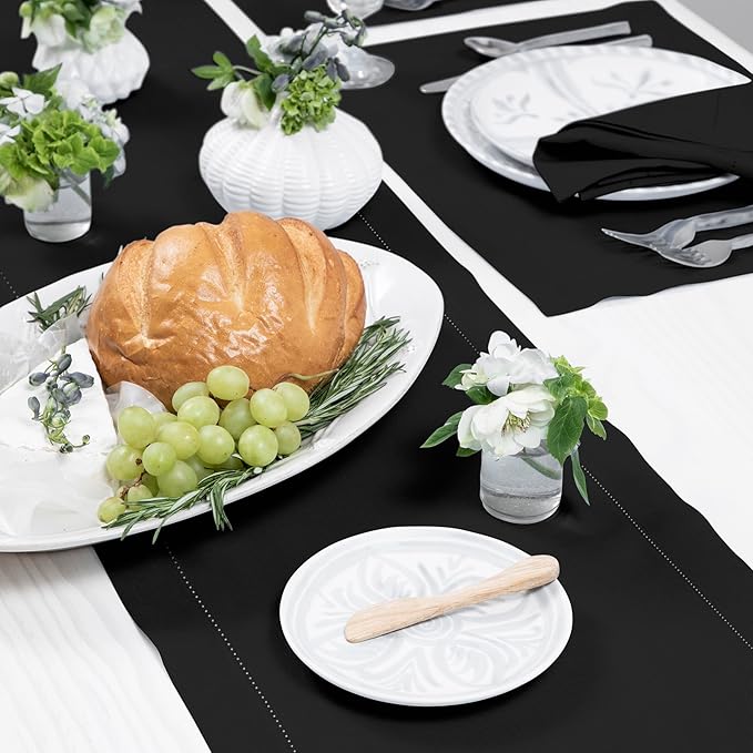 Solino Home Linen Hemstitch Table Runner 108 Inches Long - 100% Pure Linen Black Table Runner 16 x 108 Inch for Fall, Autumn, Halloween, Thanksgiving, Holiday - Classic Hemstitch