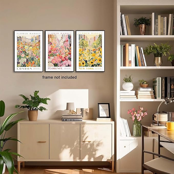XLARTMY Flower Market Wall Art Print Canvas Yellow Pink Floral Paintings Colorful Botanical Sunflower Artwork Travel Poster for Decor Picture 3 pieces for Living Room Bedroom Bathroom 16x24in Unframed