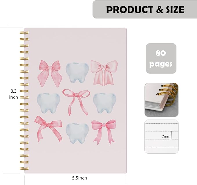 Evcprz Coquette Pink Bow Dentist Notebook Journal, Cute Tooth Pattern Journal, Dental Hygienist Assistant Gifts, Preppy Aesthetic Stationery for Women Girls, Spiral Notebook 5.5x8.3 Inch