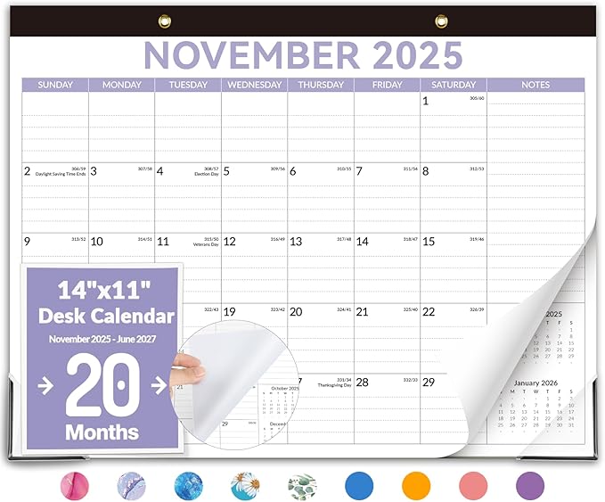 Forvencer Desk Calendar 2026, 20 Months Calendar, Nov. 2025-Jun. 2027, 14" x 11" Wall Calendar 2026 Monthly Planner with Plastic Cover & Stickers & Thick Paper for Office Home School Supplies, Purple