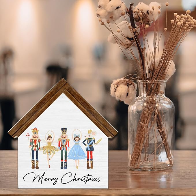 Nutcracker Christmas Decor, Merry Christmas House Shaped Wooden Sign, Nutcracker Decorations for Home Office Desk Table Shelf