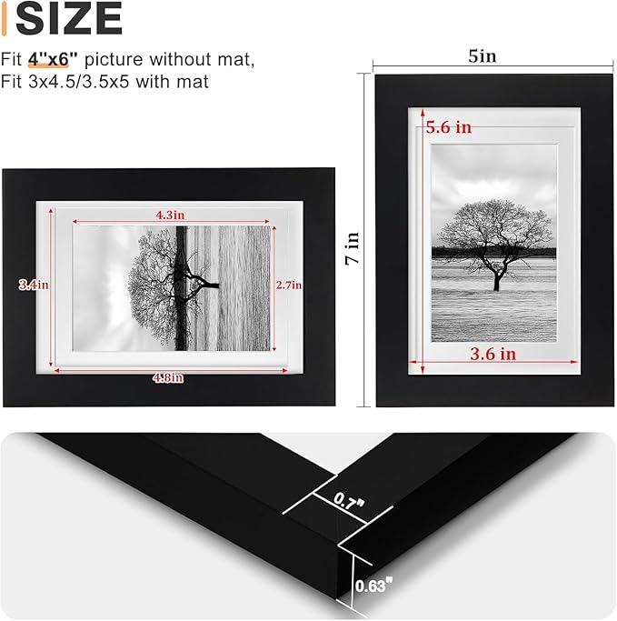 Egofine 4x6 Set of 6, Made of Solid Wood Covered by Plexiglass 3x4.5 and 3.5x5 with Mat or 4x6 without Mat, for Table Top Display and Wall Mounting Photo Frame, Black