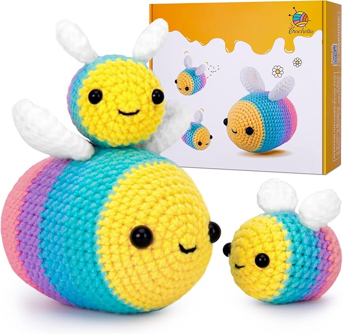 Crochetta Crochet Kit for Beginners, Beginner Crochet Starter Kit with Step-by-Step Video Tutorials, Beginner Crochet Kit for Adults, Knitting Kit for Beginners, 3 Bee (40%+ Yarn Content)
