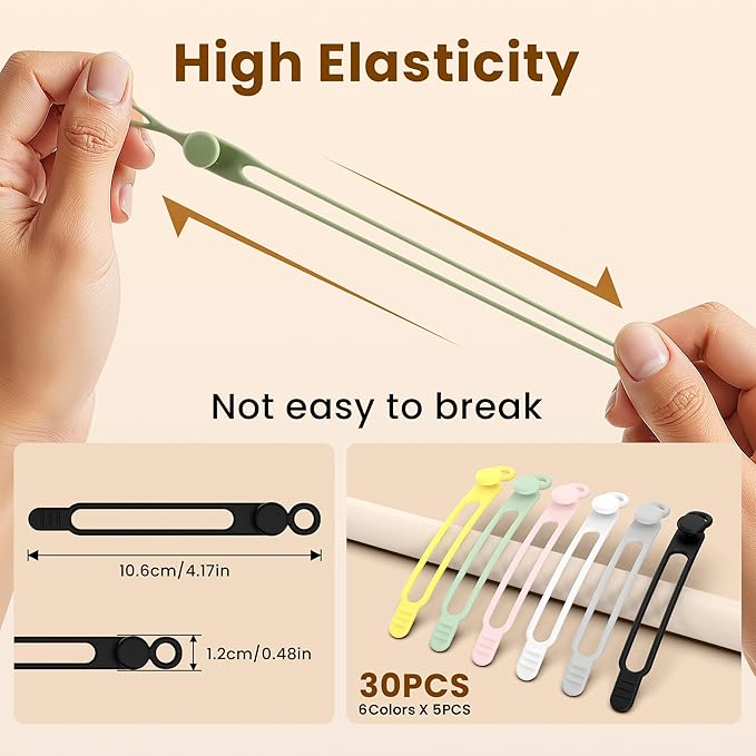 30 Pcs Silicone Data Cable Organizer, Reusable Cable Ties Wire Organizers for Office, Multipurpose Elastic Cord Wraps Cable Management for Charging Cord,Appliances,Home,Office,Kitchen,School,Travel