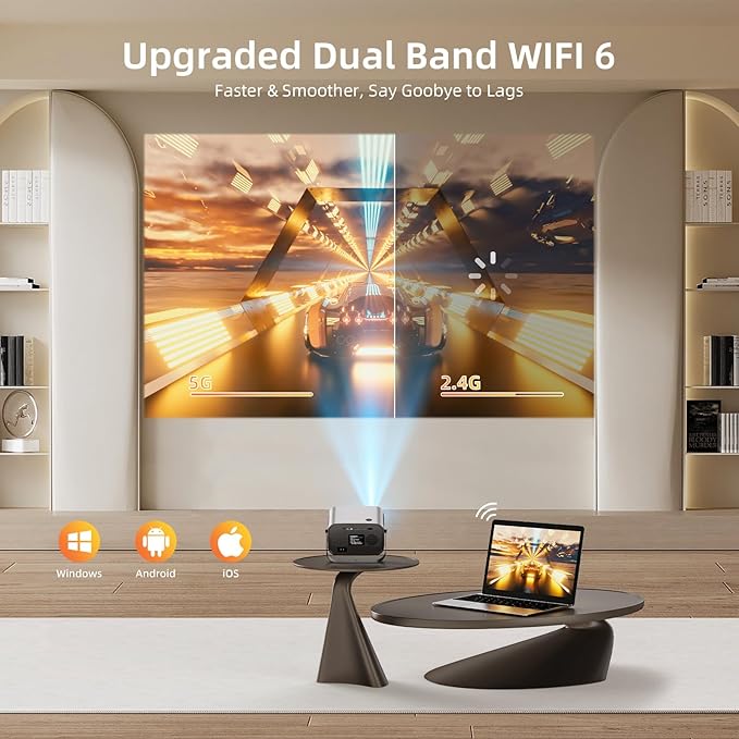 Smart Projector with WIFI and Bluetooth, 800ANSI Native 1080P Portable Projector Built-in Apps, Auto Keystone & Electric Focus Movie Projector for Home Theater Compatible with IOS/Android/HD(Gray)